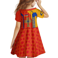 Armenia Flag-Inspired Kid Short Sleeve Dress with Ornamental Cross and Geometric Pattern Design - Wonder Print Shop