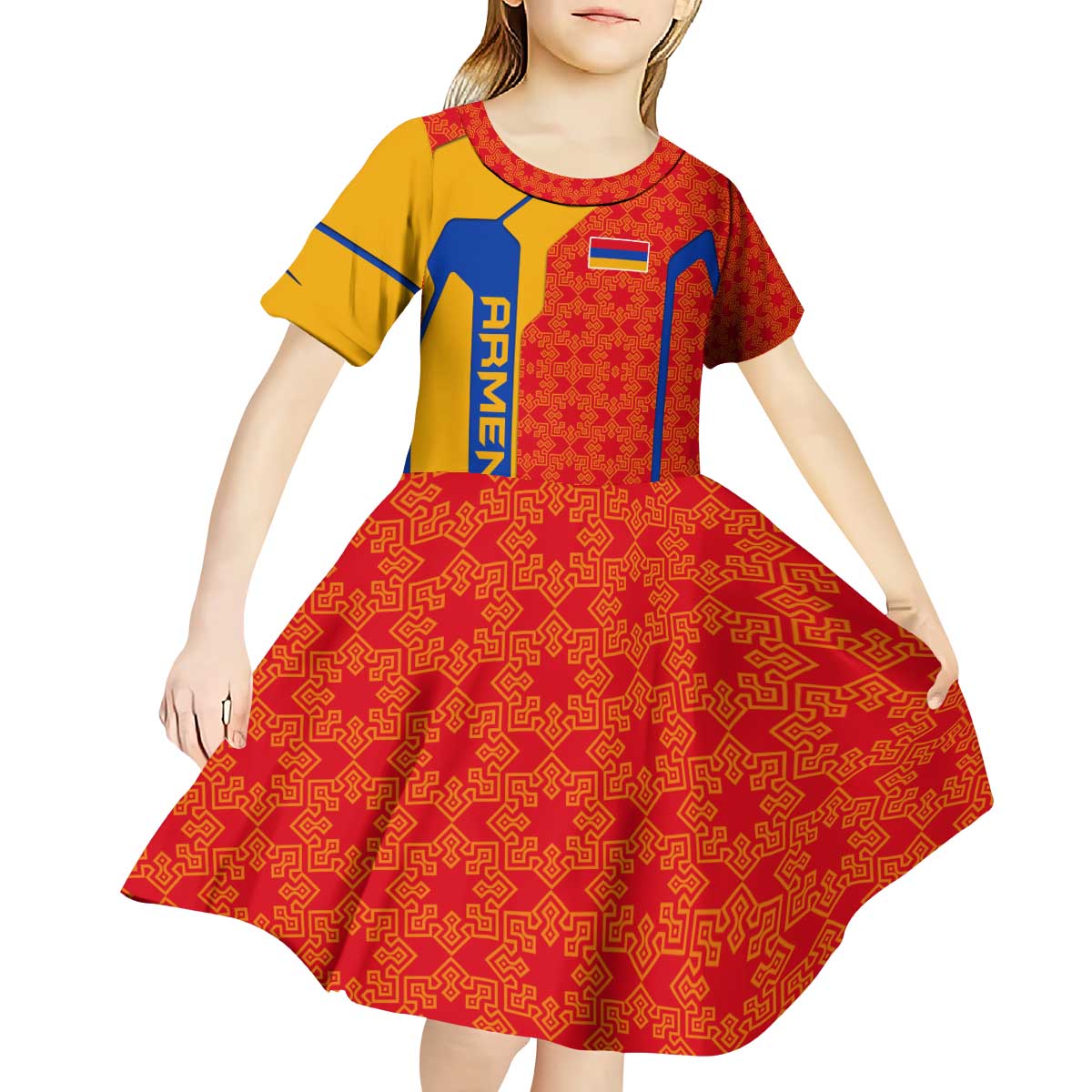 Armenia Flag-Inspired Kid Short Sleeve Dress with Ornamental Cross and Geometric Pattern Design - Wonder Print Shop