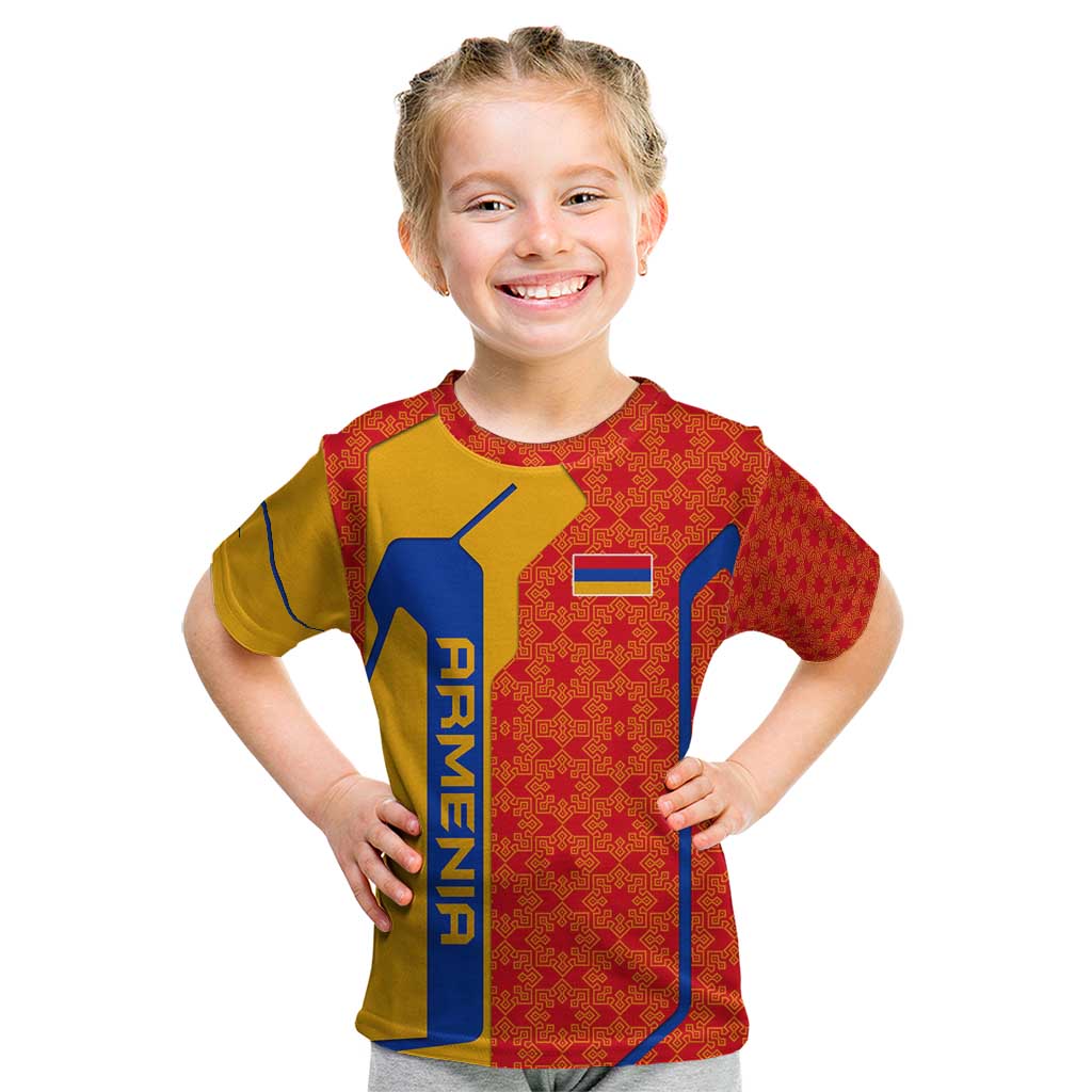 Armenia Flag-Inspired Kid T Shirt with Ornamental Cross and Geometric Pattern Design - Wonder Print Shop