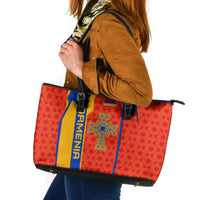 Armenia Flag-Inspired Leather Tote Bag with Ornamental Cross and Geometric Pattern Design - Wonder Print Shop