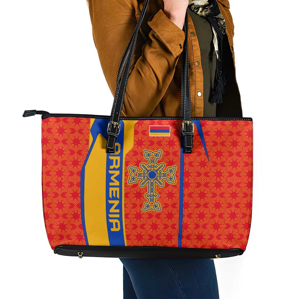 Armenia Flag-Inspired Leather Tote Bag with Ornamental Cross and Geometric Pattern Design - Wonder Print Shop