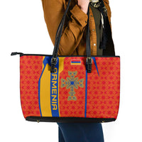Armenia Flag-Inspired Leather Tote Bag with Ornamental Cross and Geometric Pattern Design - Wonder Print Shop
