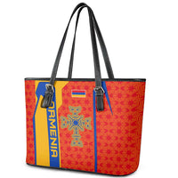Armenia Flag-Inspired Leather Tote Bag with Ornamental Cross and Geometric Pattern Design - Wonder Print Shop