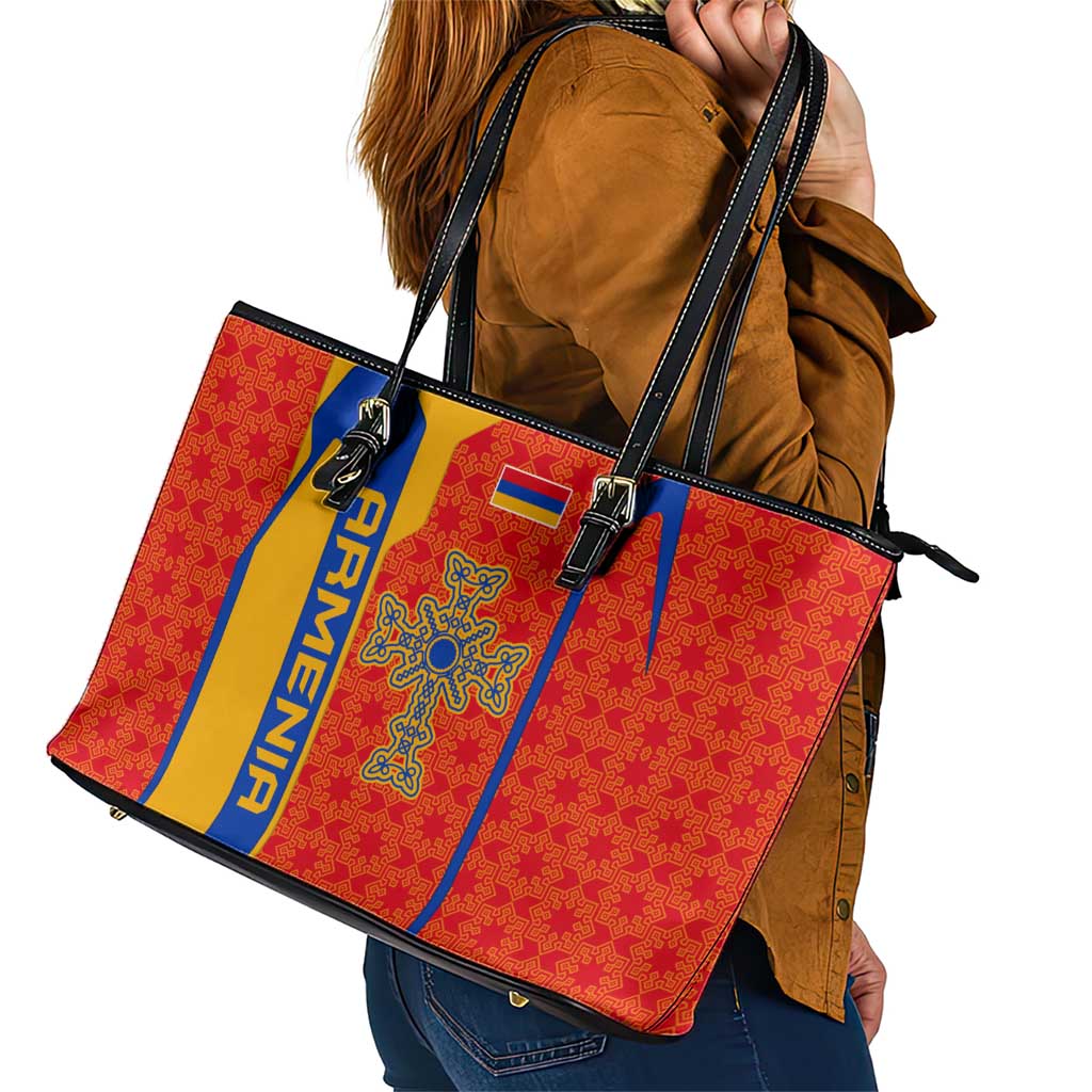 Armenia Flag-Inspired Leather Tote Bag with Ornamental Cross and Geometric Pattern Design - Wonder Print Shop