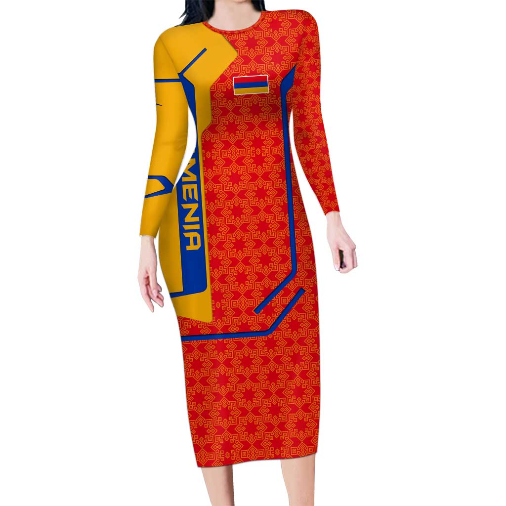Armenia Flag-Inspired Long Sleeve Bodycon Dress with Ornamental Cross and Geometric Pattern Design - Wonder Print Shop
