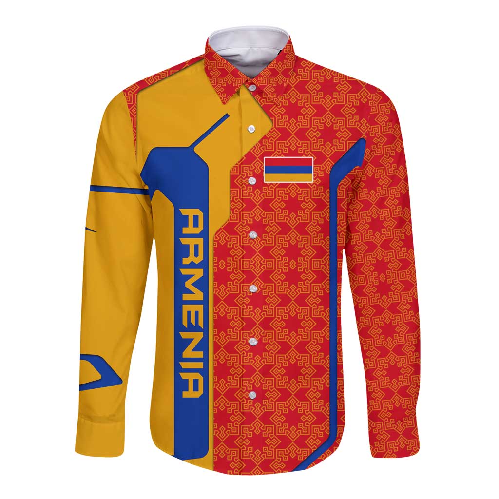 Armenia Flag-Inspired Long Sleeve Button Shirt with Ornamental Cross and Geometric Pattern Design - Wonder Print Shop