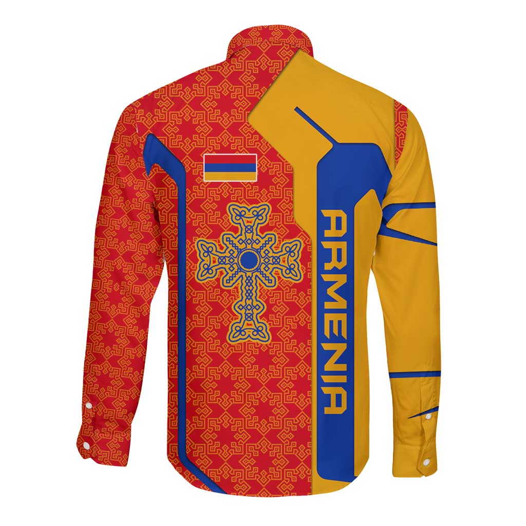 Armenia Flag-Inspired Long Sleeve Button Shirt with Ornamental Cross and Geometric Pattern Design - Wonder Print Shop