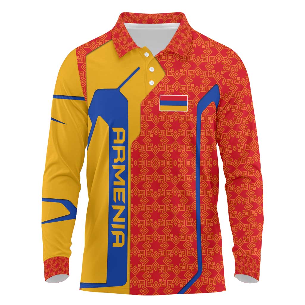 Armenia Flag-Inspired Long Sleeve Polo Shirt with Ornamental Cross and Geometric Pattern Design - Wonder Print Shop