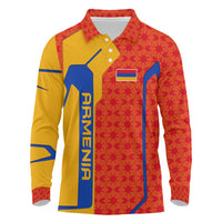 Armenia Flag-Inspired Long Sleeve Polo Shirt with Ornamental Cross and Geometric Pattern Design - Wonder Print Shop