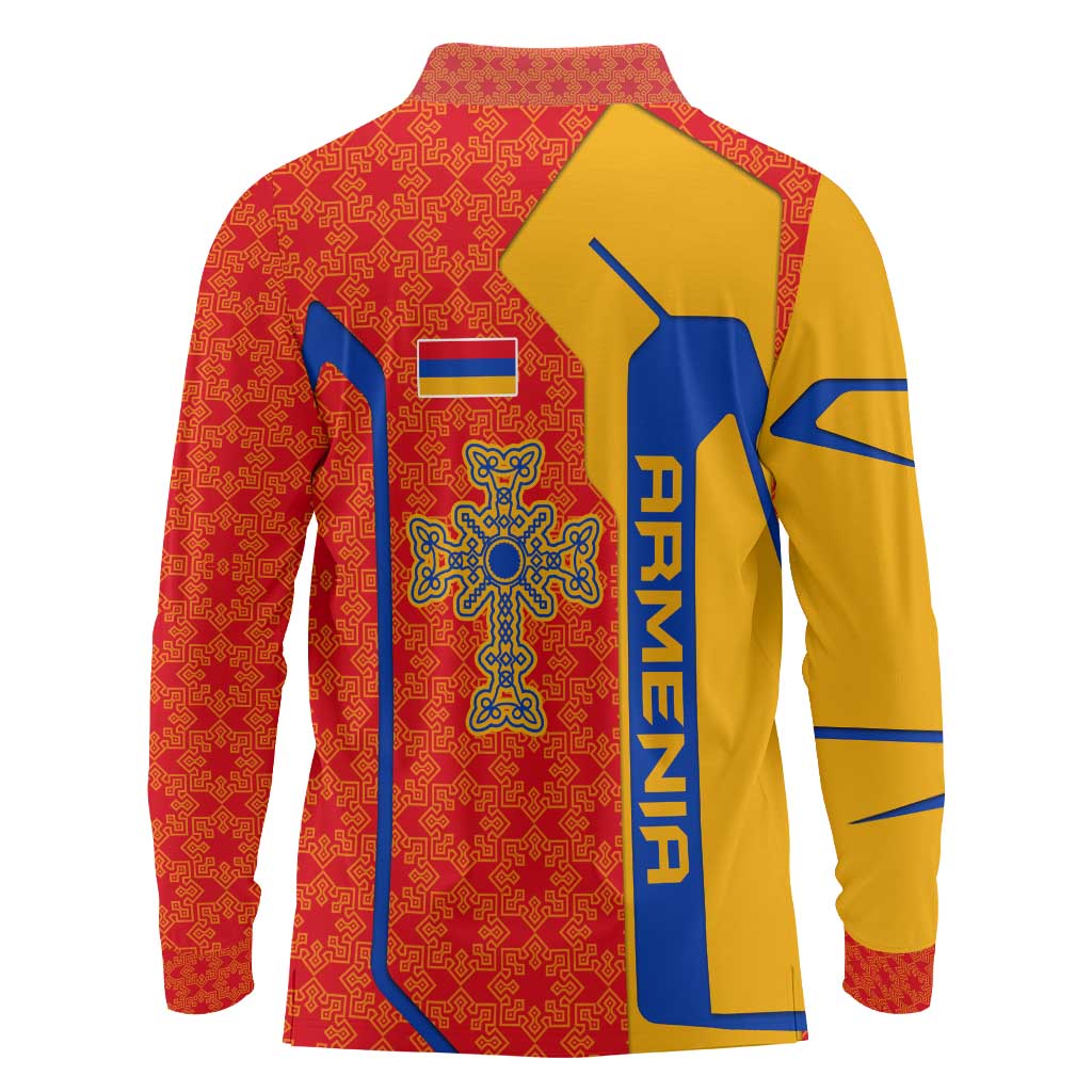 Armenia Flag-Inspired Long Sleeve Polo Shirt with Ornamental Cross and Geometric Pattern Design - Wonder Print Shop