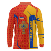 Armenia Flag-Inspired Long Sleeve Polo Shirt with Ornamental Cross and Geometric Pattern Design - Wonder Print Shop