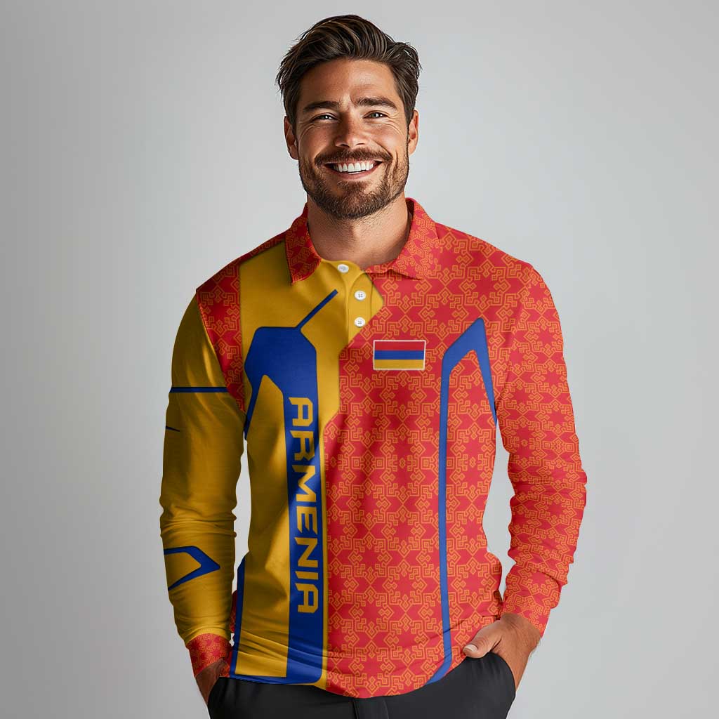 Armenia Flag-Inspired Long Sleeve Polo Shirt with Ornamental Cross and Geometric Pattern Design - Wonder Print Shop