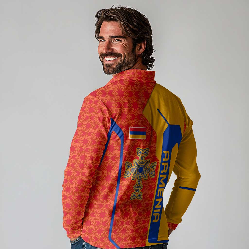 Armenia Flag-Inspired Long Sleeve Polo Shirt with Ornamental Cross and Geometric Pattern Design - Wonder Print Shop