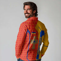 Armenia Flag-Inspired Long Sleeve Polo Shirt with Ornamental Cross and Geometric Pattern Design - Wonder Print Shop