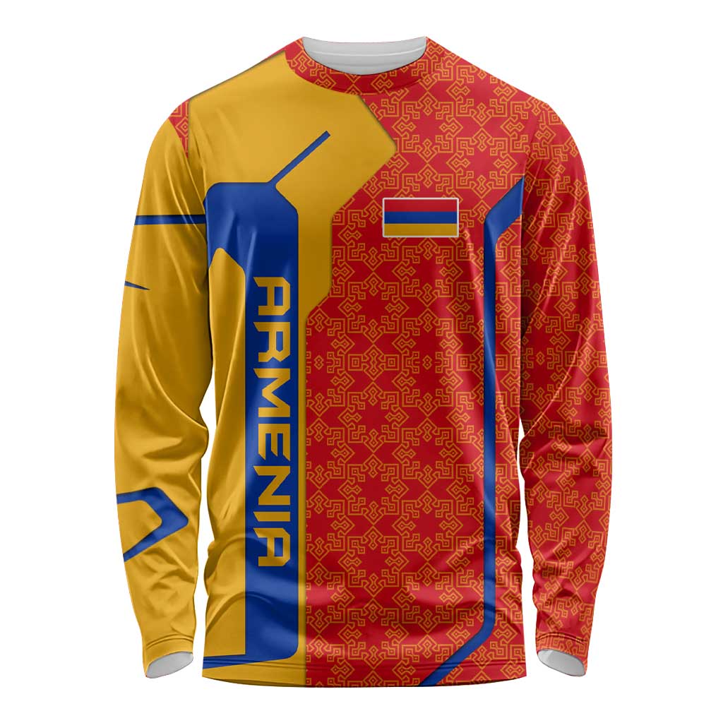 Armenia Flag-Inspired Long Sleeve Shirt with Ornamental Cross and Geometric Pattern Design - Wonder Print Shop