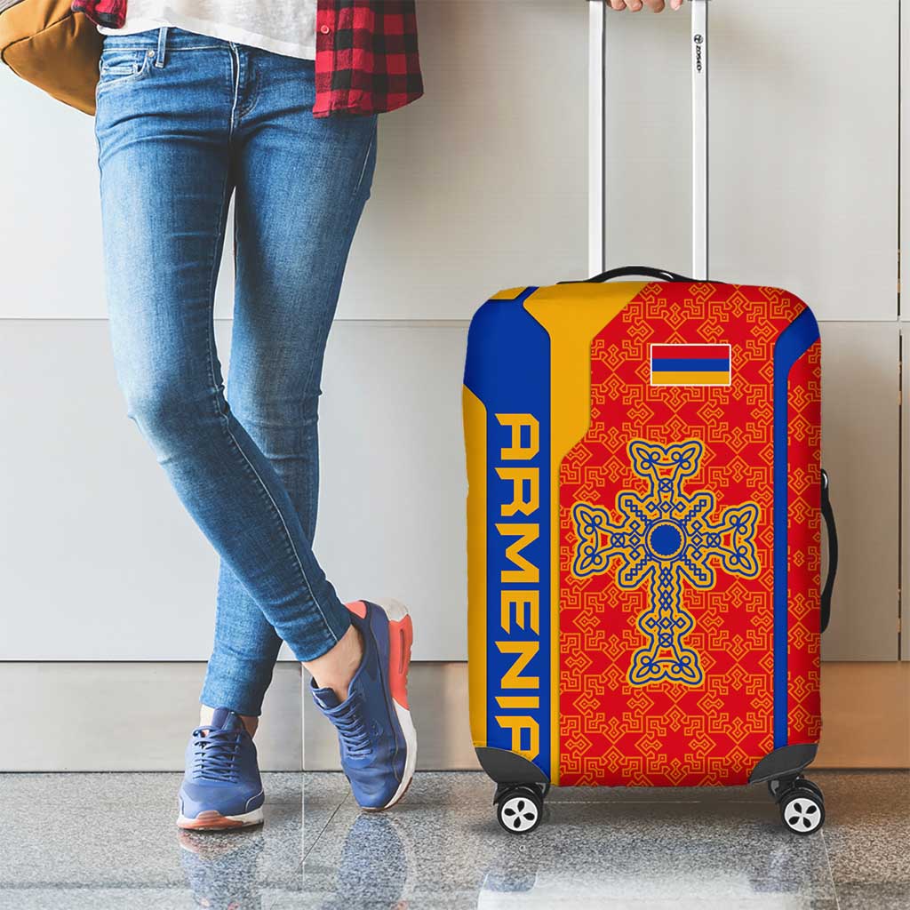 Armenia Flag-Inspired Luggage Cover with Ornamental Cross and Geometric Pattern Design - Wonder Print Shop