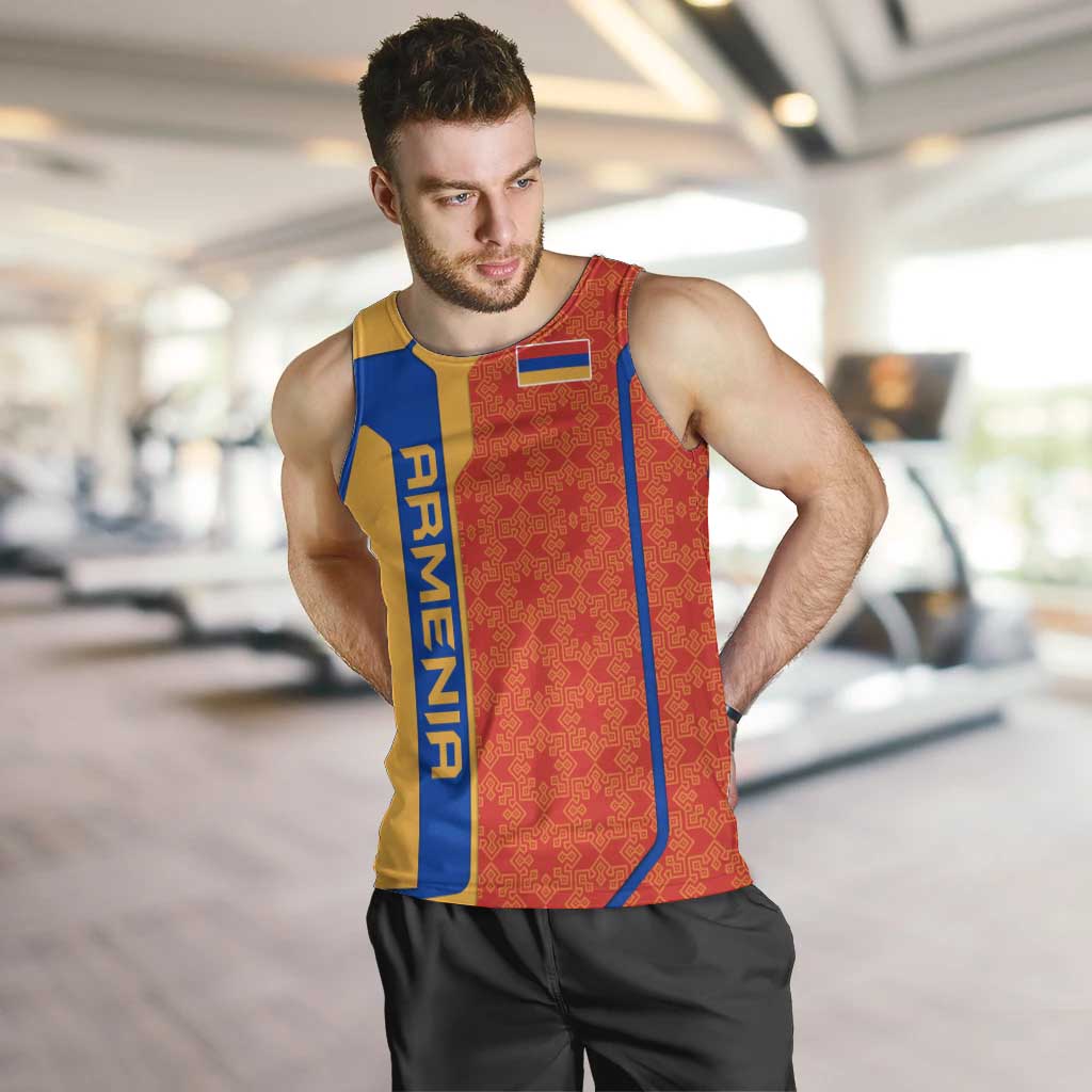 Armenia Flag-Inspired Men Tank Top with Ornamental Cross and Geometric Pattern Design - Wonder Print Shop