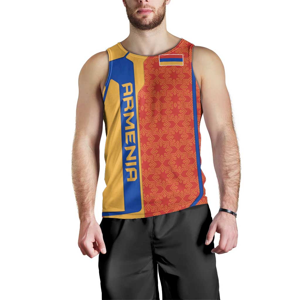 Armenia Flag-Inspired Men Tank Top with Ornamental Cross and Geometric Pattern Design - Wonder Print Shop