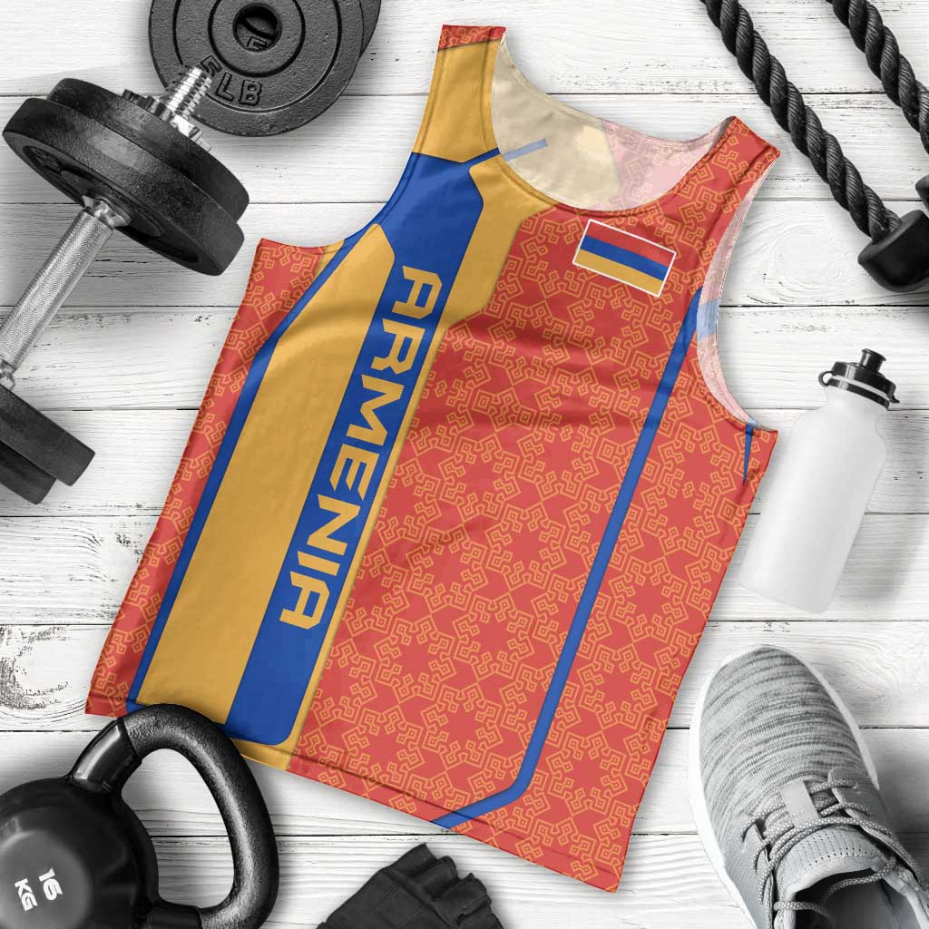 Armenia Flag-Inspired Men Tank Top with Ornamental Cross and Geometric Pattern Design - Wonder Print Shop