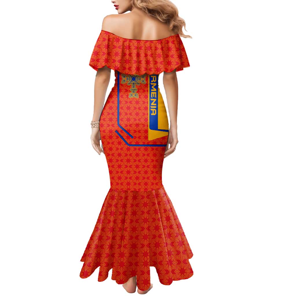 Armenia Flag-Inspired Mermaid Dress with Ornamental Cross and Geometric Pattern Design - Wonder Print Shop
