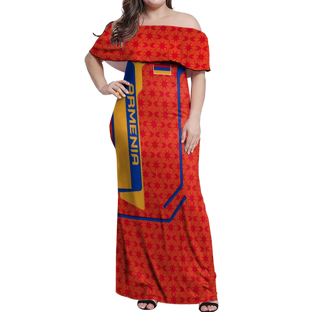 Armenia Flag-Inspired Off Shoulder Maxi Dress with Ornamental Cross and Geometric Pattern Design - Wonder Print Shop