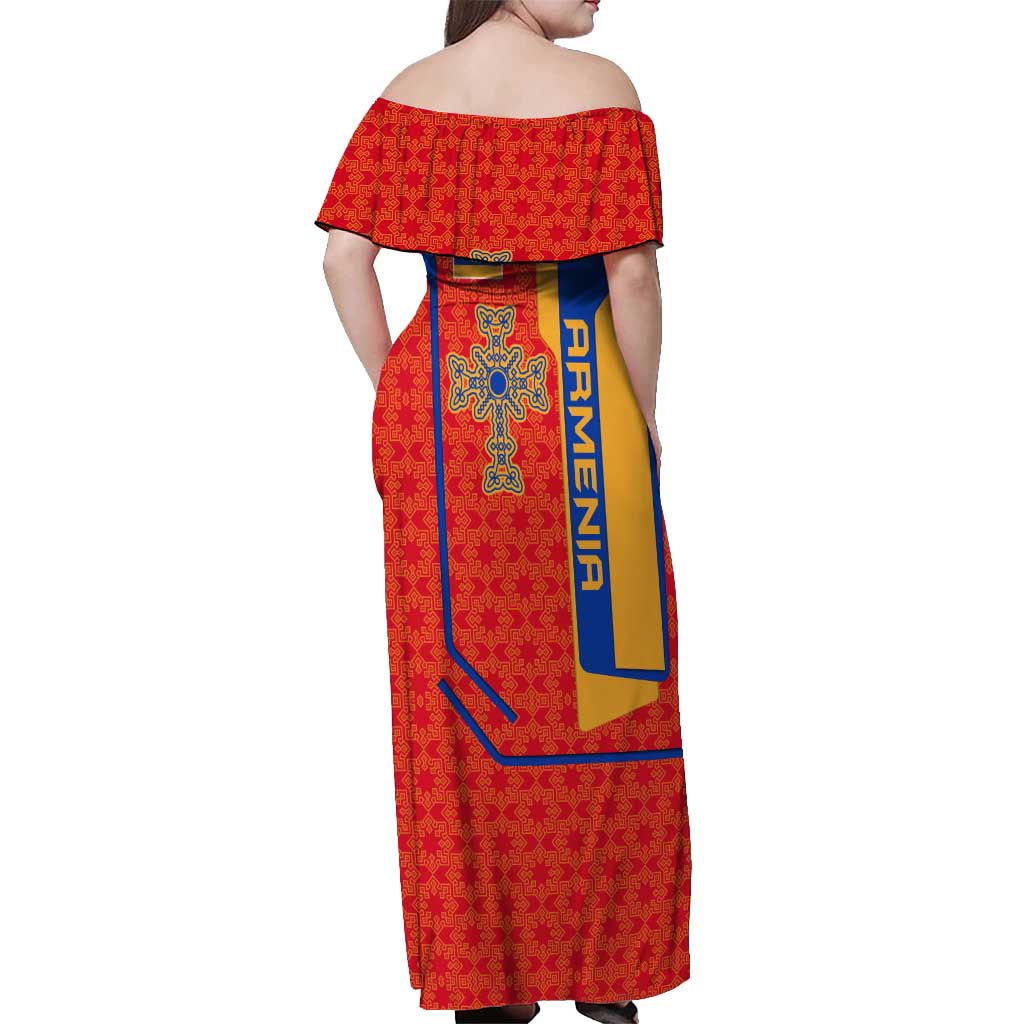 Armenia Flag-Inspired Off Shoulder Maxi Dress with Ornamental Cross and Geometric Pattern Design - Wonder Print Shop