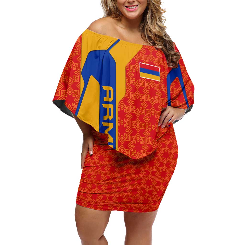Armenia Flag-Inspired Off Shoulder Short Dress with Ornamental Cross and Geometric Pattern Design - Wonder Print Shop