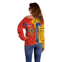 Armenia Flag-Inspired Off Shoulder Sweater with Ornamental Cross and Geometric Pattern Design - Wonder Print Shop