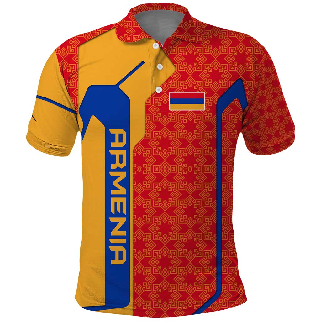 Armenia Flag-Inspired Polo Shirt with Ornamental Cross and Geometric Pattern Design - Wonder Print Shop