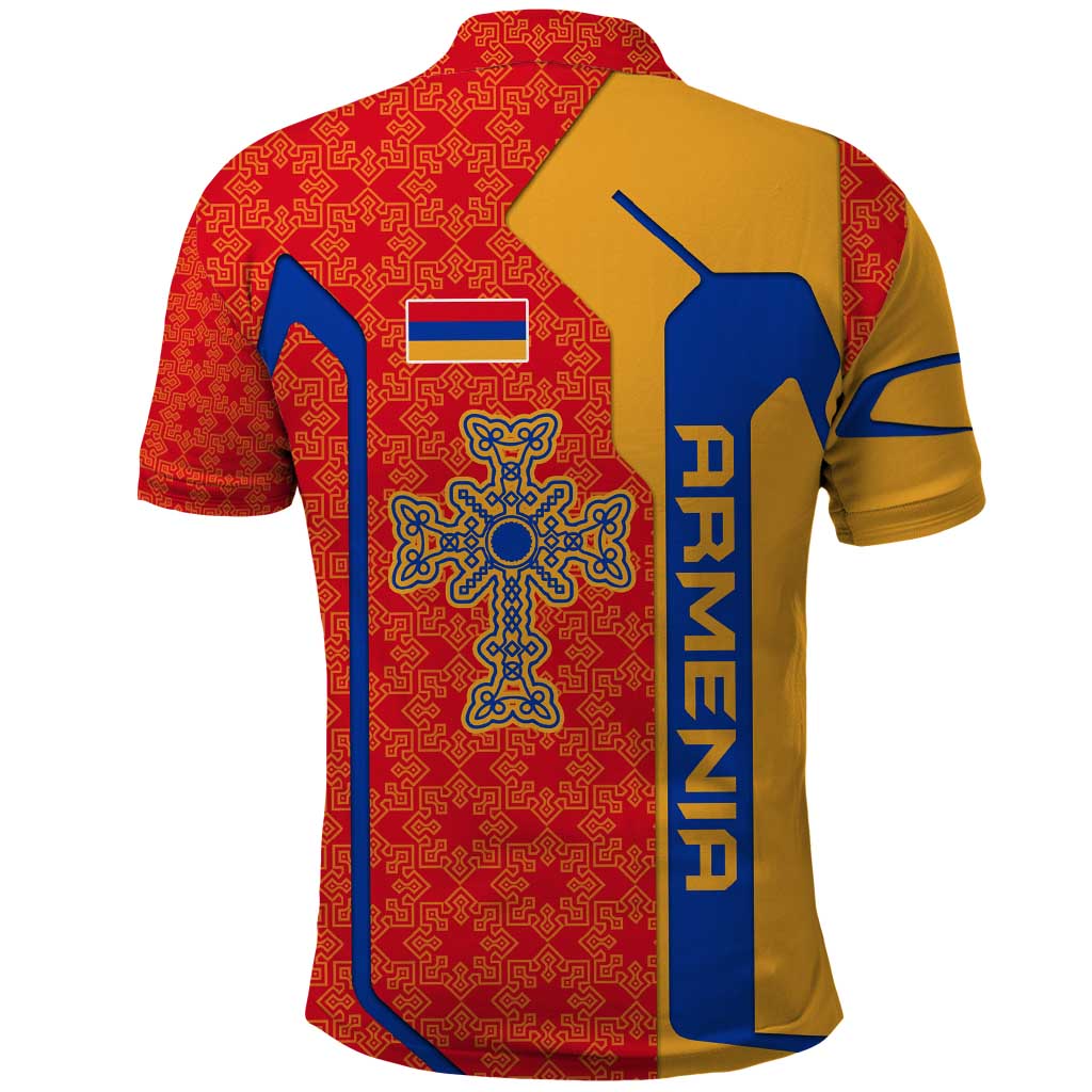 Armenia Flag-Inspired Polo Shirt with Ornamental Cross and Geometric Pattern Design - Wonder Print Shop