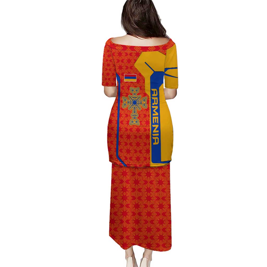 Armenia Flag-Inspired Puletasi with Ornamental Cross and Geometric Pattern Design - Wonder Print Shop