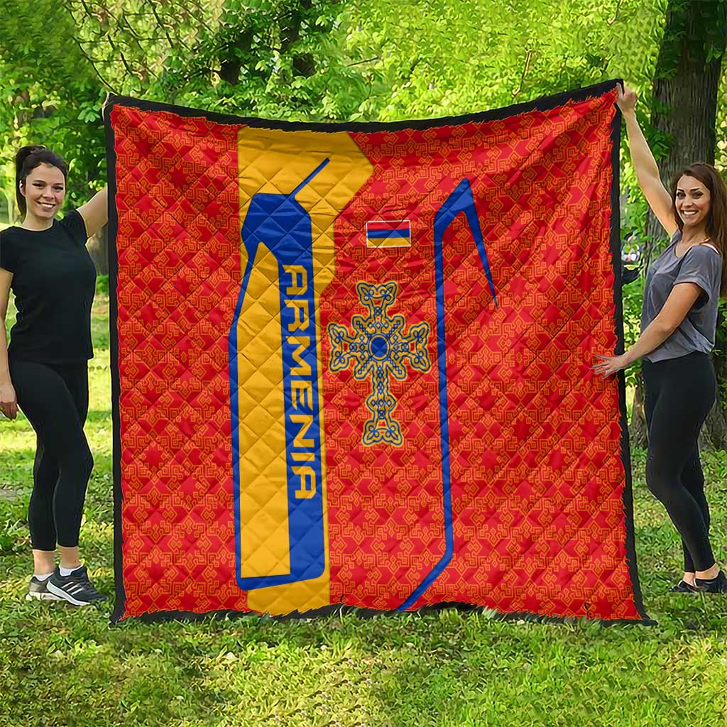Armenia Flag-Inspired Quilt with Ornamental Cross and Geometric Pattern Design - Wonder Print Shop
