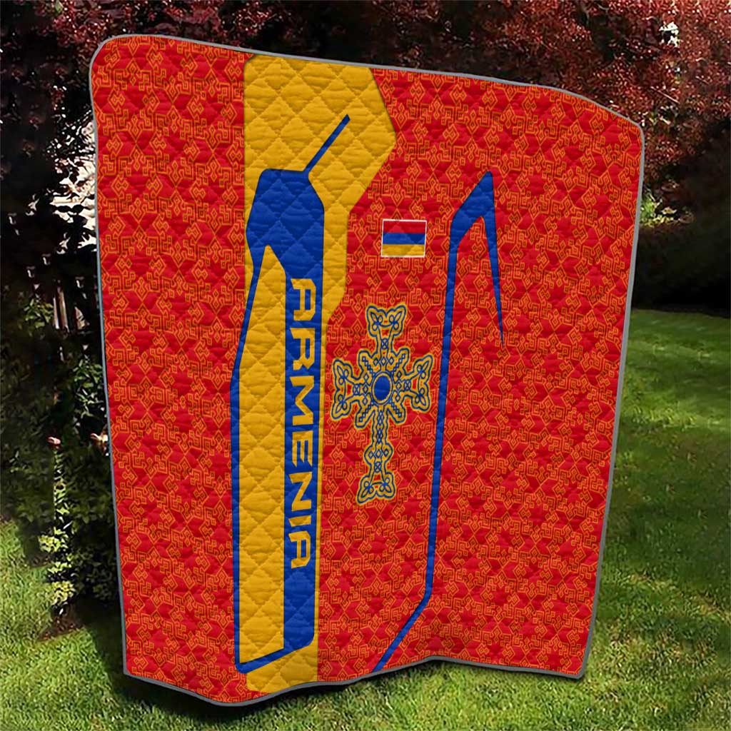 Armenia Flag-Inspired Quilt with Ornamental Cross and Geometric Pattern Design - Wonder Print Shop