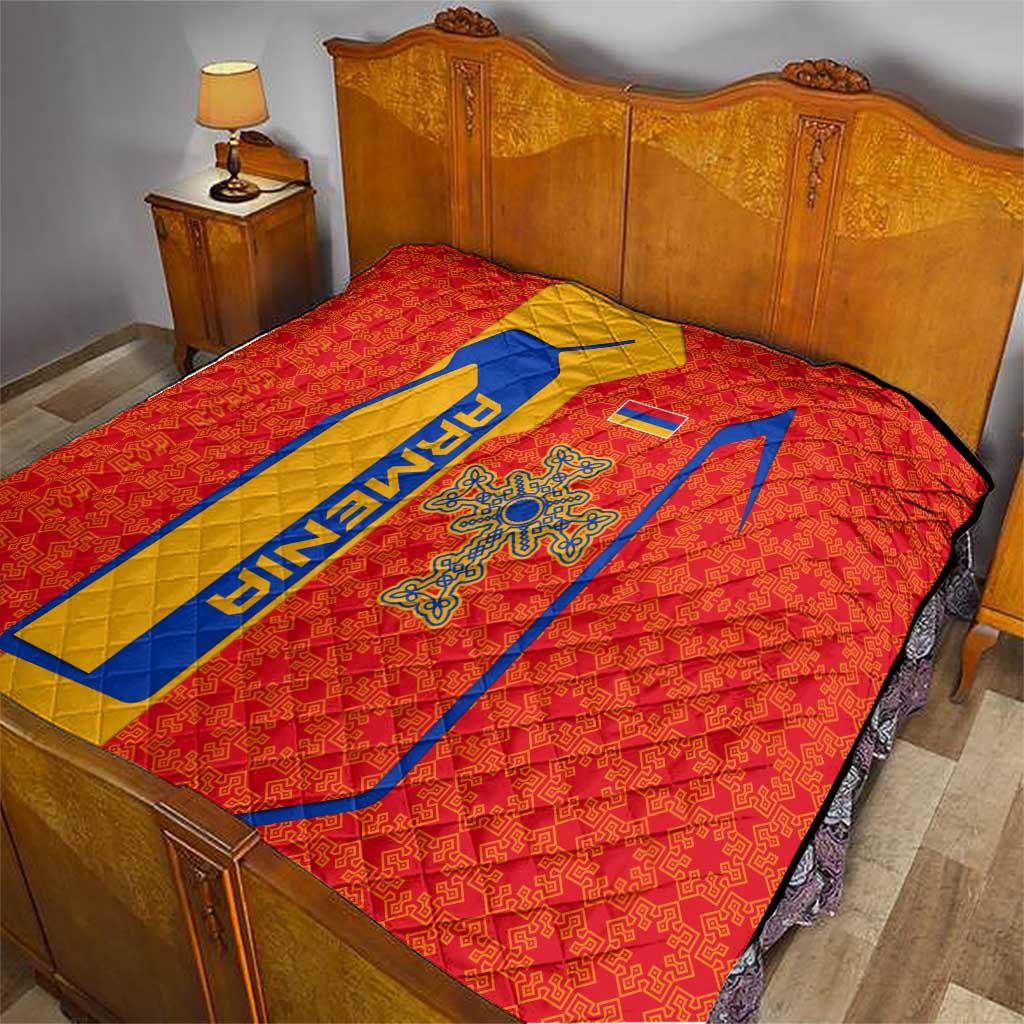 Armenia Flag-Inspired Quilt with Ornamental Cross and Geometric Pattern Design - Wonder Print Shop