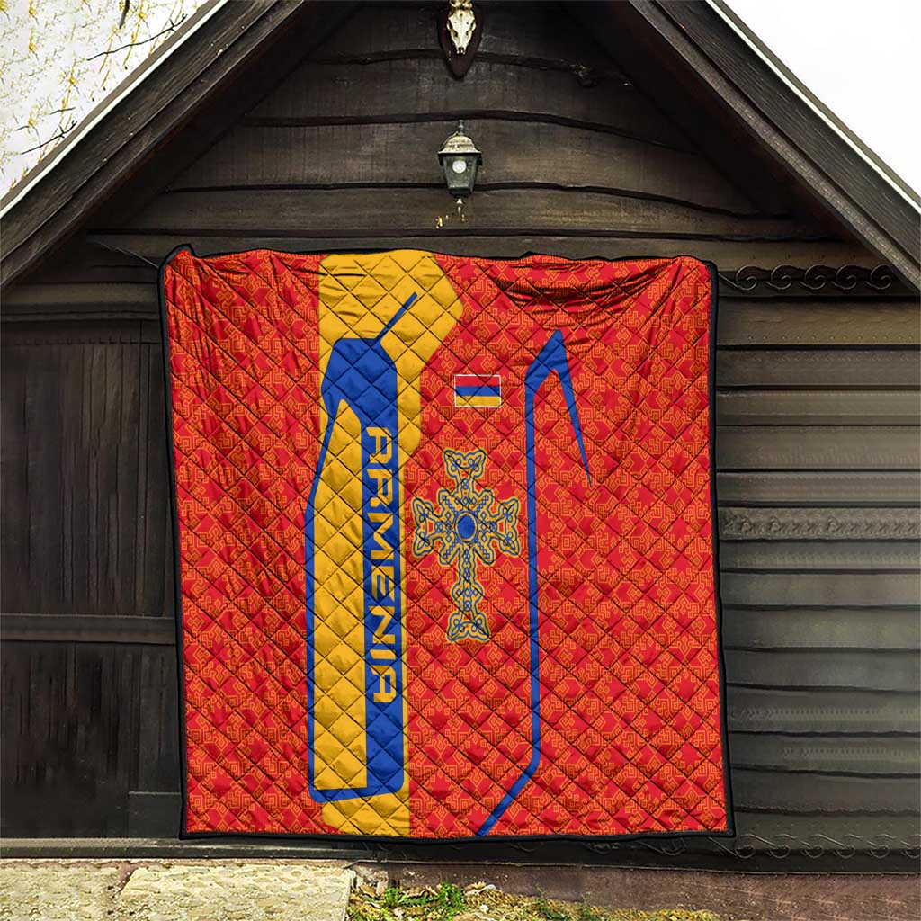 Armenia Flag-Inspired Quilt with Ornamental Cross and Geometric Pattern Design - Wonder Print Shop