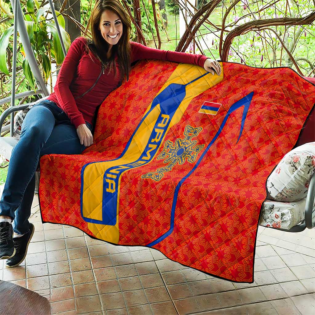 Armenia Flag-Inspired Quilt with Ornamental Cross and Geometric Pattern Design - Wonder Print Shop