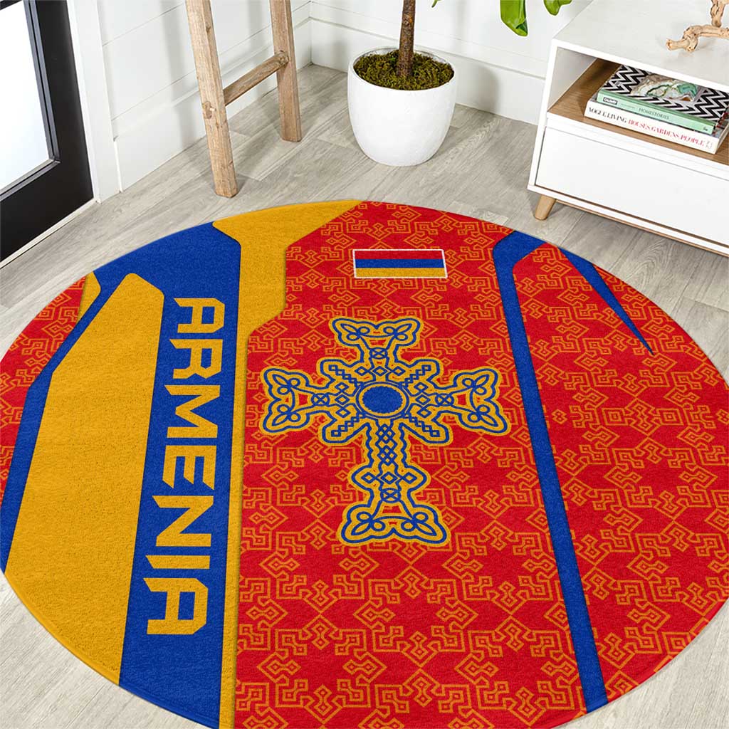 Armenia Flag-Inspired Round Carpet with Ornamental Cross and Geometric Pattern Design - Wonder Print Shop