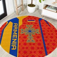 Armenia Flag-Inspired Round Carpet with Ornamental Cross and Geometric Pattern Design - Wonder Print Shop