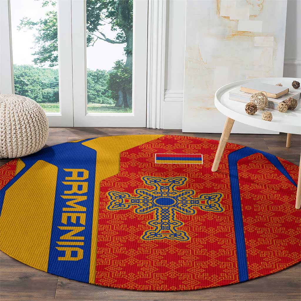 Armenia Flag-Inspired Round Carpet with Ornamental Cross and Geometric Pattern Design - Wonder Print Shop