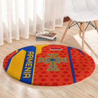 Armenia Flag-Inspired Round Carpet with Ornamental Cross and Geometric Pattern Design - Wonder Print Shop
