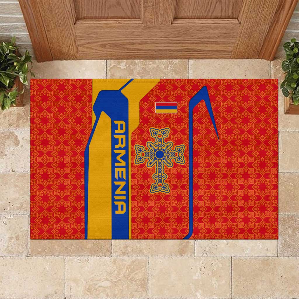 Armenia Flag-Inspired Rubber Doormat with Ornamental Cross and Geometric Pattern Design - Wonder Print Shop