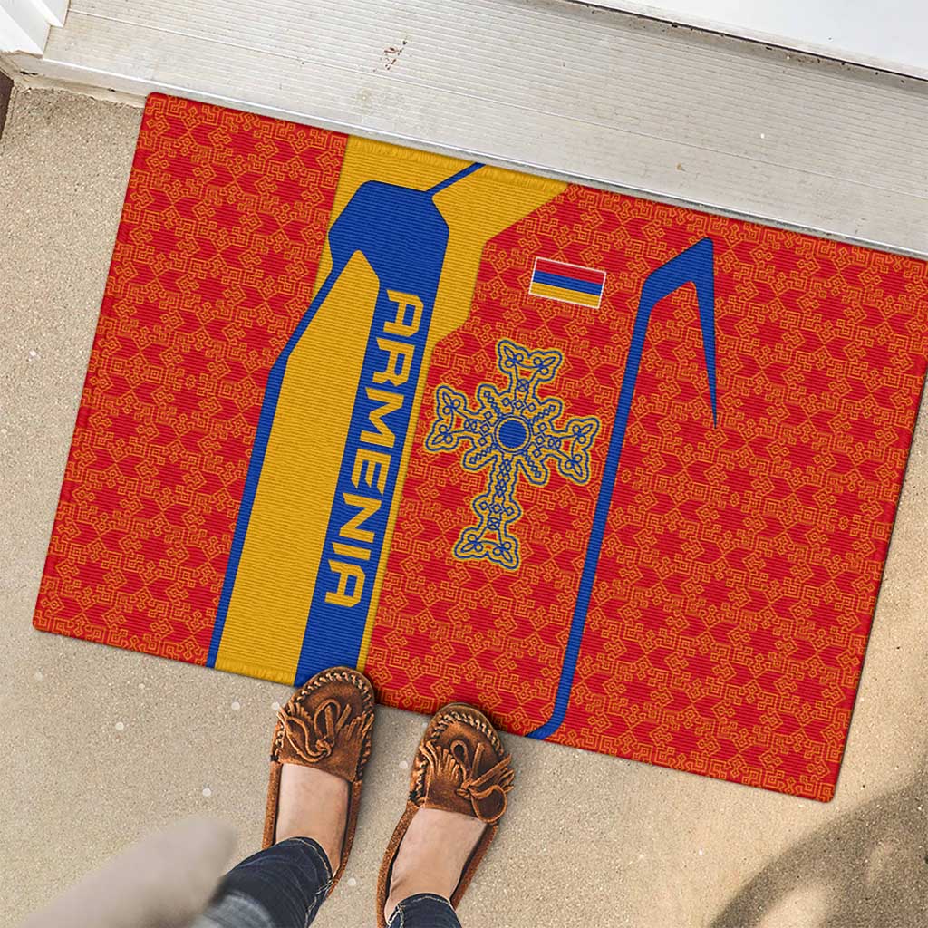 Armenia Flag-Inspired Rubber Doormat with Ornamental Cross and Geometric Pattern Design - Wonder Print Shop