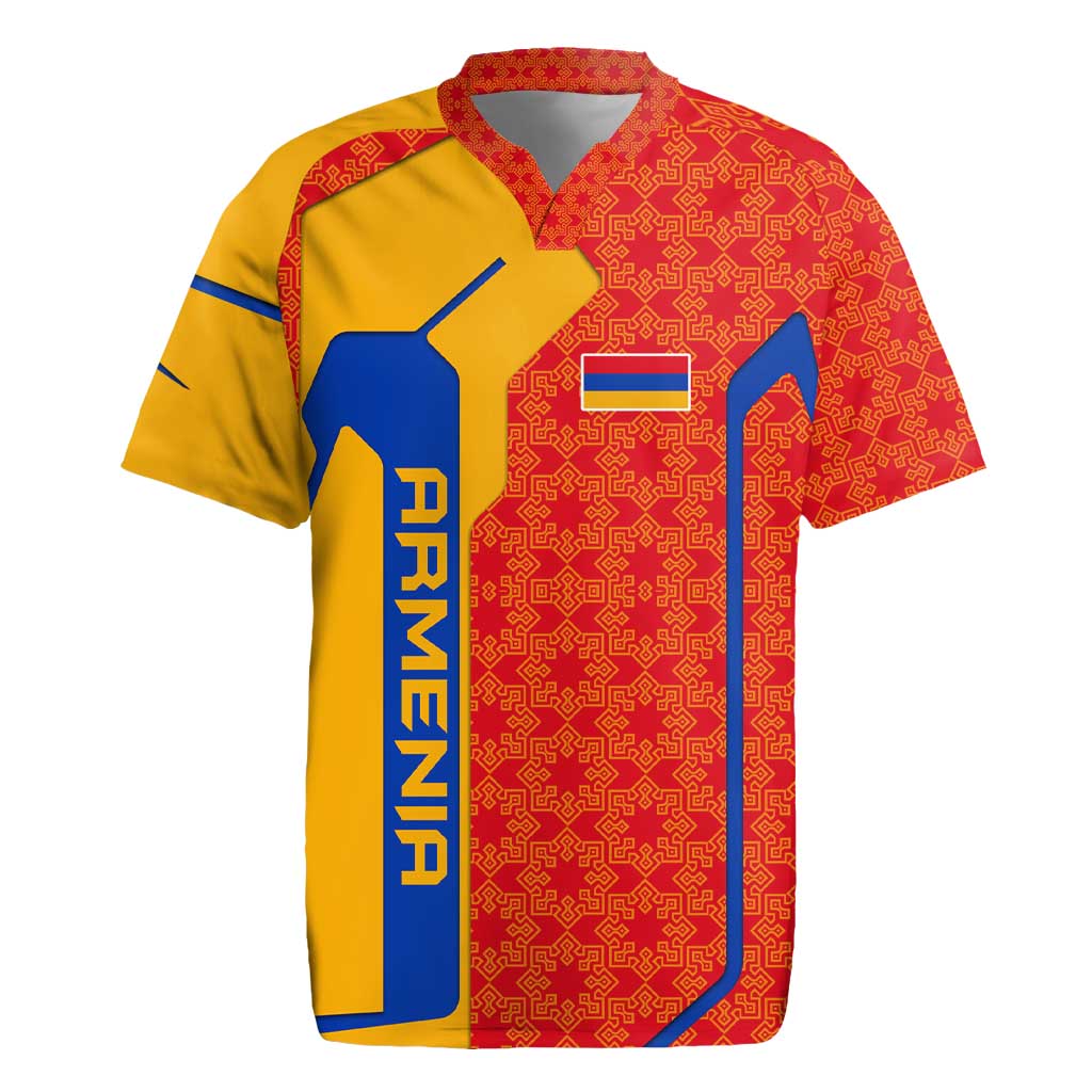 Armenia Flag-Inspired Rugby Jersey with Ornamental Cross and Geometric Pattern Design - Wonder Print Shop
