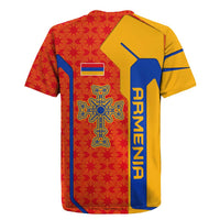 Armenia Flag-Inspired Rugby Jersey with Ornamental Cross and Geometric Pattern Design - Wonder Print Shop