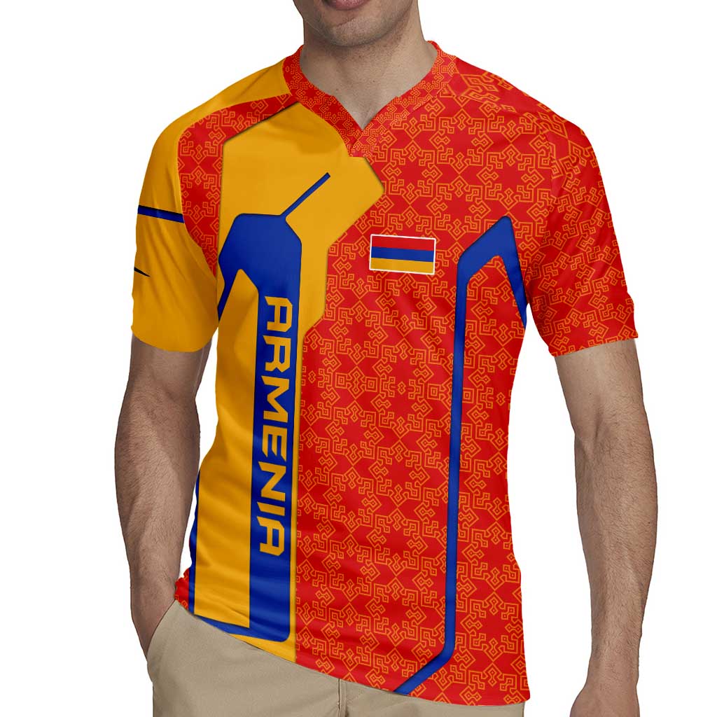 Armenia Flag-Inspired Rugby Jersey with Ornamental Cross and Geometric Pattern Design - Wonder Print Shop