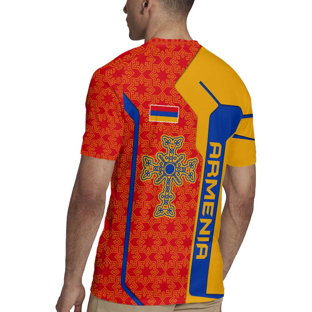 Armenia Flag-Inspired Rugby Jersey with Ornamental Cross and Geometric Pattern Design - Wonder Print Shop