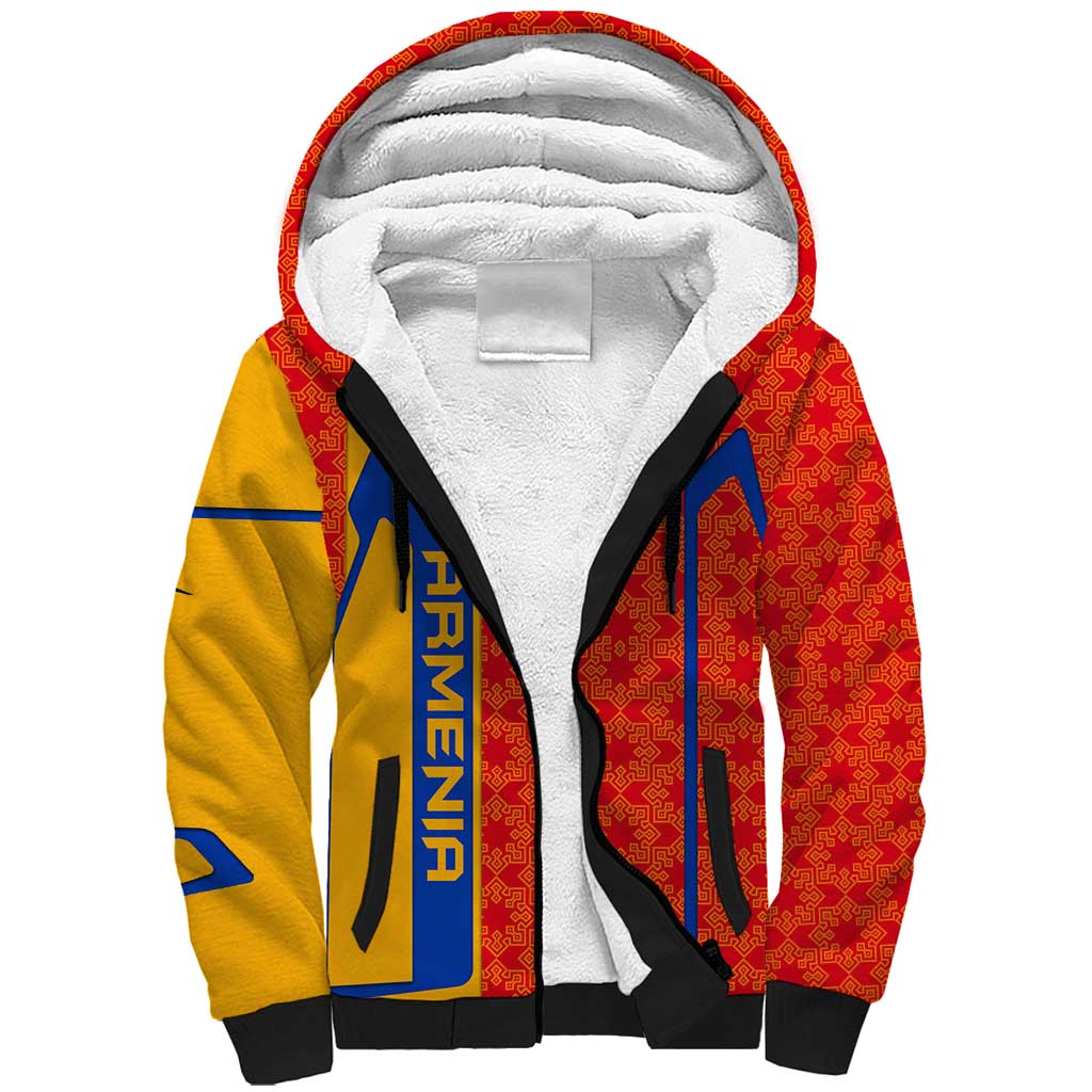 Armenia Flag-Inspired Sherpa Hoodie with Ornamental Cross and Geometric Pattern Design - Wonder Print Shop