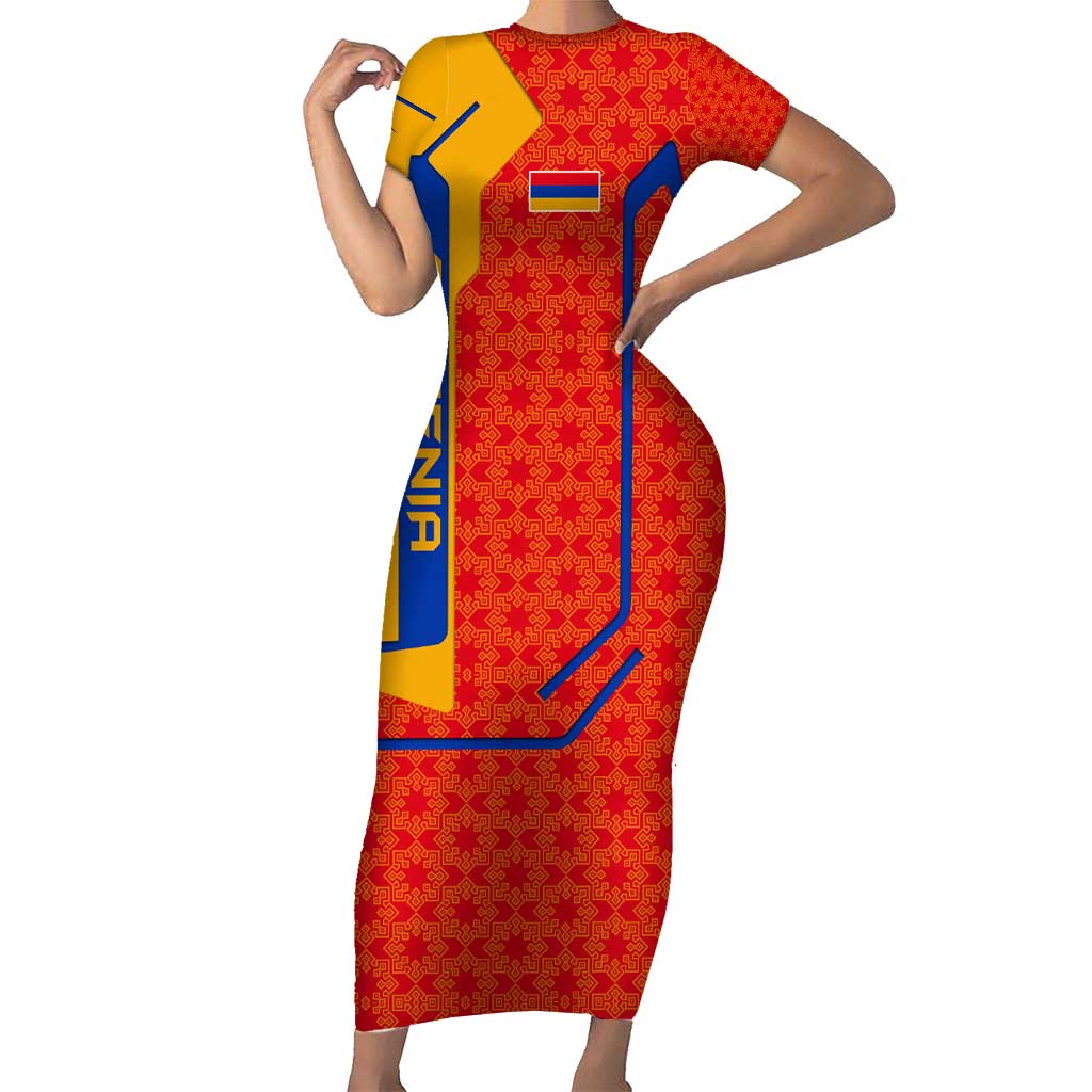Armenia Flag-Inspired Short Sleeve Bodycon Dress with Ornamental Cross and Geometric Pattern Design - Wonder Print Shop