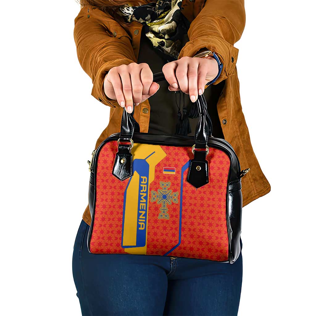Armenia Flag-Inspired Shoulder Handbag with Ornamental Cross and Geometric Pattern Design - Wonder Print Shop