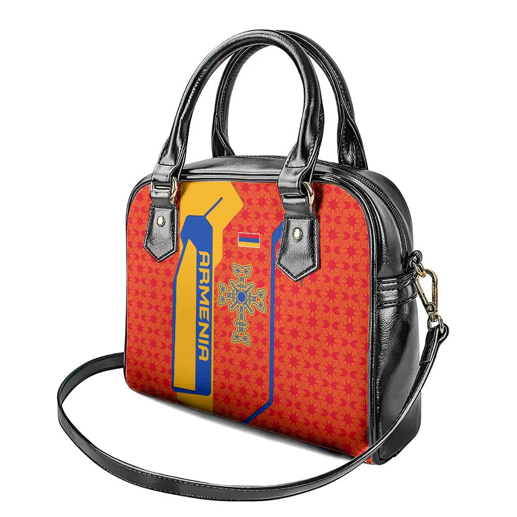 Armenia Flag-Inspired Shoulder Handbag with Ornamental Cross and Geometric Pattern Design - Wonder Print Shop